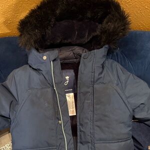 Jacadi Paris Navy Hooded Puffer Jacket with Faux Fur Trim